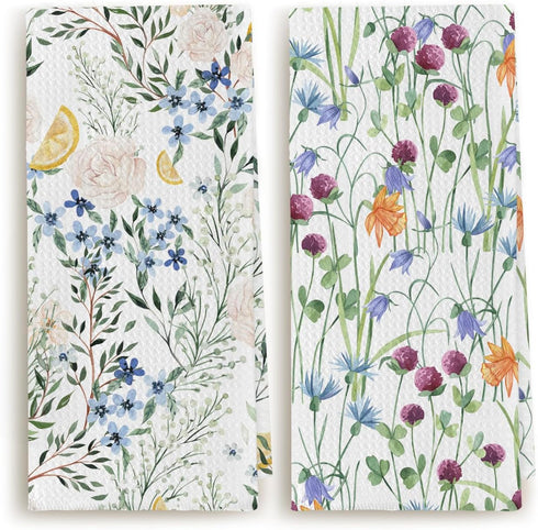 Floral Colorful Green Leaf and Wildflower Spring Kitchen Dish Towels, 16×24 Inches Summer Hand Tea Towel for Home Cooking Baking Cleaning, Set of ...