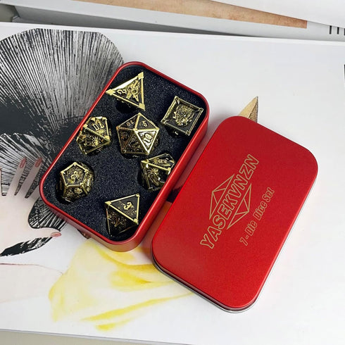 7 Pcs Metal DND Polyhedral Dice Set d&d D20 D12 D10 D8 D6 D4 with Box for Dungeons and Dragons Gifts Role Playing Dice Games Night (Style 5 Gold)...