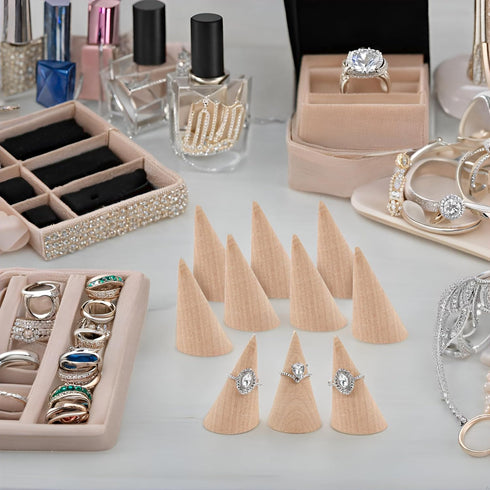 AUEAR, 10 Pack Wood Cone Ring Display Stand, Natural holder Jewelry Displays Organizer DIY Craft (Tilted Shaped)...