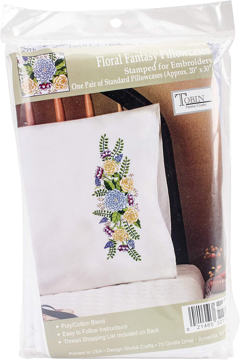 Tobin Stamped Pillowcases, Floral Fantasy, 20" x 30" Embroidery Kit, Floral...