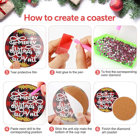 8 Pcs Christmas Word Diamond Art Coasters Kits with Holder Christmas Word Diamond Art Coaster with Cork Bases for Adults Diamond Kits Supplies for...