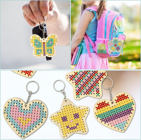 JHGCVX 12 Pcs Wooden Cross Stitch Keychain Kit?Make Your Own Cross Stitching Keyrings?Butterfly Flower Love Star Wood Cross Stitching Keyrings for...
