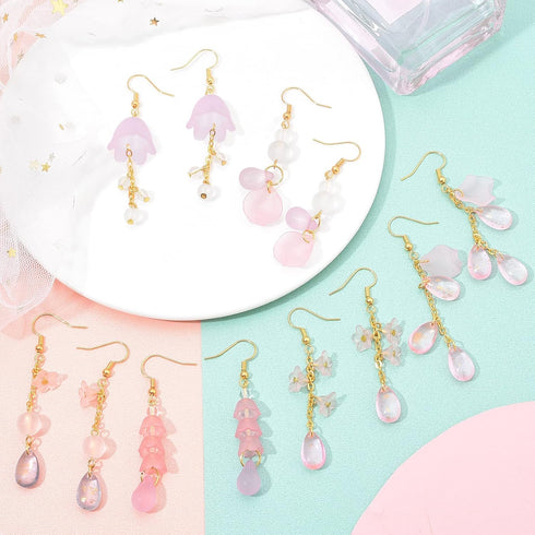 SUNNYCLUE 1 Box DIY 10 Pairs Frosted Acrylic Calla Lily Flower Dangle Earring Making Kits Pink White Acrylic Flower Beads Caps Pendants with Earri...