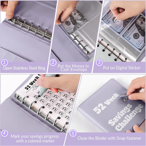 52 Week Money Saving Challenge Binder, A7 Savings Challenges Books with Envelopes, Money Saving Budget Binder for Saving $1000, Purple...