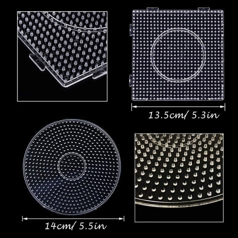 5 mm 6 Pack Fuse Beads Boards Allazone Large Round Square Clear Plastic Pegboards with 4 PCS White Beads Tweezers, 10 PCS Ironing Paper for Kids C...