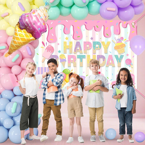 Ice Cream Themed Birthday Party Decorations for Girls,Balloon Garland Arch Kit with Happy Birthday Backdrop - Complete Party Supplies for Kids’ Sw...