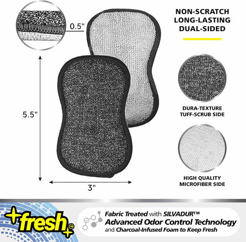 Fresh Regular Professional Microfiber Scrub-N-Wipe Sponge Pads, Fabric Treated with SILVADUR Advanced Odor Control Technology and Charcoal-Infused...