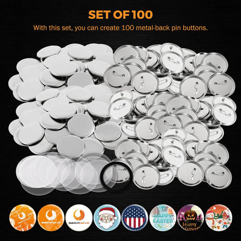 BEAMNOVA 100 Sets of Metal Button Supplies Blank 32mm / 1.26 in (Approx. 1-1/4 inch) for Button Maker Machine, Slick Metallic Back, Badge Making P...