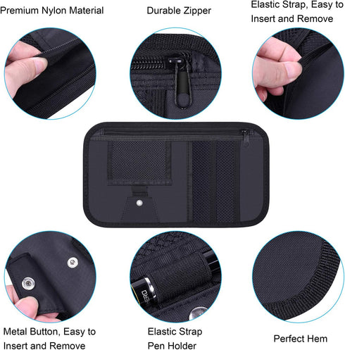 Car Sun Visor Organizer, Wisdompro Vehicle Interior Accessories Storage Pouch Auto Registration Holder with Elastic Strap for Sunglass, Documents,...