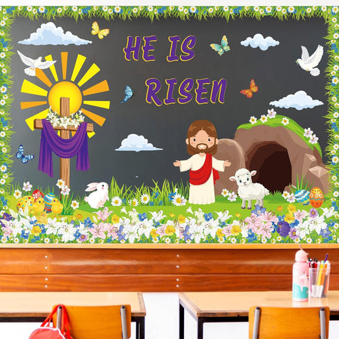 74 Pcs Christian Easter Bulletin Board Decorations Set Easter Bunny Egg Flower Paper Cutouts with Border He Is Risen Classroom Decor for Home Nurs...