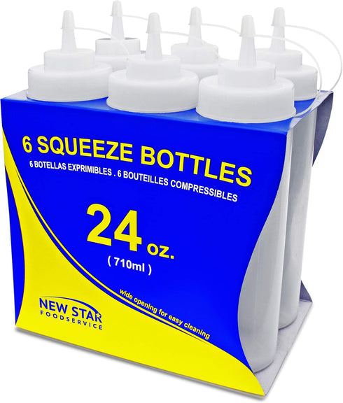 New Star Foodservice 26238 Squeeze Bottles, Plastic, Wide Mouth, 24 oz, Clear, Pack of 6...