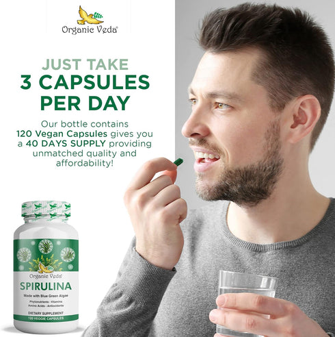 Organic Veda - Spirulina Capsules, Made with Blue Green Algae, Natural Spirulina Green Superfood Capsules, Supports Immune System, 120 Veggie Caps...