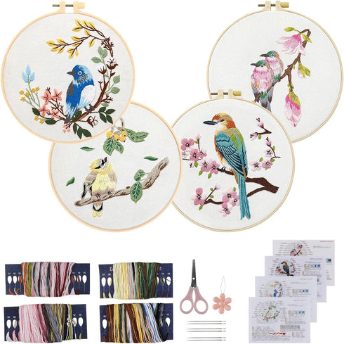 Embroidery Kit for Beginners 4 Sets, Hand DIY Cross Stitch Kits Include 4 Pack Floral and Hummingbird Patterns, 4 pcs Embroidery Hoops, Color Need...