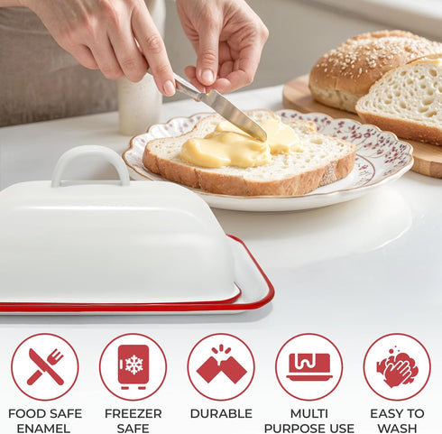 Vintage Farmhouse Red Rim Enamel Butter Dish - Vintage Retro Keeper for Kitchen, Countertop & Fridge – Unique Handmade White Container for West/Ea...