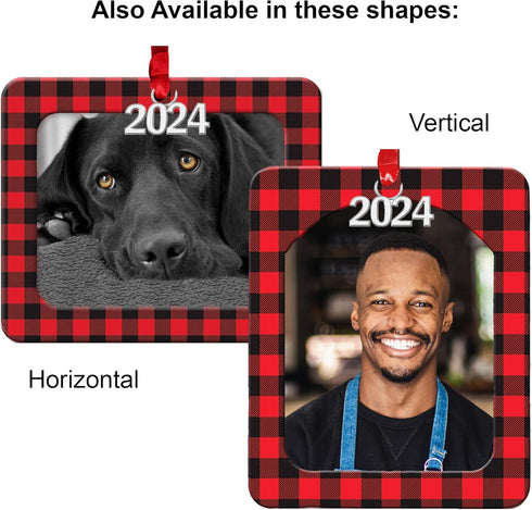 2024 Photo Ornaments for Christmas Tree, Classic Red and Black Buffalo Plaid Christmas Frame Ornament, Easy-Load Magnetic Design, with Satin Ribbo...