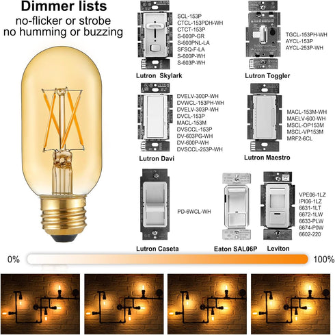 LiteHistory E26 LED Bulb 6W Equivalent E26 Bulb 60 watt Warm White 2200K Amber E26 Edison Bulb dimmable AC120V 400lm Tubular T14 T45 LED Bulb for ...