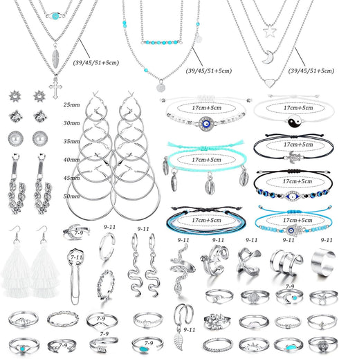 ORAZIO 52 Pcs Jewelry Sets for Women Layered Necklace Adjustable Braided Bracelets Set Dangle Stud Hoop Earrings CZ Stackable Knuckle Ring Set Fas...