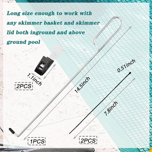 Swimming Pool Skimmer Basket Hook - Stainless Steel Skimmer Basket & Lid Removal Handle Tool with Pool Test Strip Clips for Debris Removal, Easily...