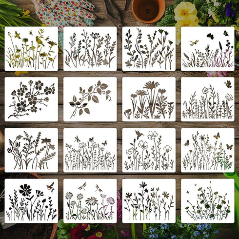 16 Pieces Wildflower Stencils for Painting, Reusable Small Spring Wild Flower Stencils Wall Stencils, DIY Small Drawing Template Stencil for Paint...