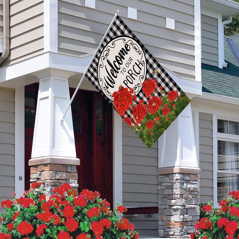 Home Decorative Welcome to Our Porch Geranium Spring Summer House Flag, Flower Black White Buffalo Plaid Check Garden Yard Outside Decoration, Fal...