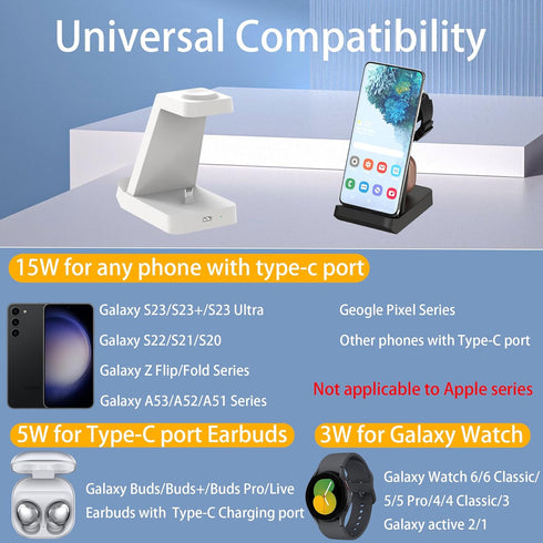 Charger Station for Samsung Galaxy 10w, 3 in 1 Fast Wireless Charging Stand for Galaxy Watch Buds S23/S22/S21/S21 Ultra/S21+/S20 fe/S20/Note 20/10...