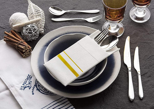 Disposable Dinner Napkins Cloth Like with Built-in Flatware Pocket,Wedding Party Linen Feel White and Golden Napkin, Prefolded for Silverware, 50 ...