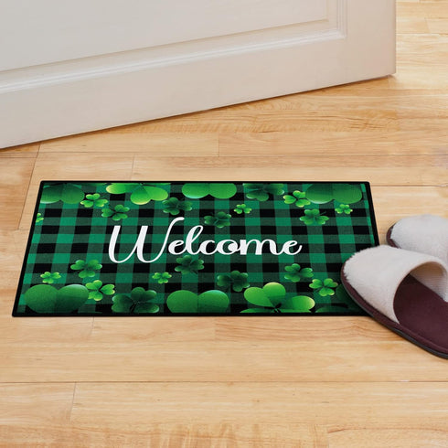 St. Patrick's Day Doormat Lucky Green Shamrocks St. Patrick's Day Doormat Irish Plaid Welcome Mat Non Slip Rubber Area Rugs for Bathroom Entrance ...