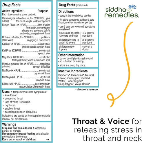Siddha Remedies Throat & Voice Homeopathic Oral Spray for Sore, Strained Throat | Helpful for Releasing Stress in Throat and Neck | 100% Natural H...