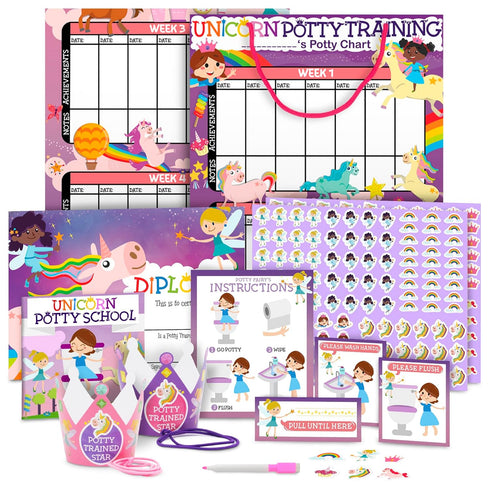 Potty Training Chart for Toddlers Girls, Unicorn Design - Sticker Chart, 4 Week Reward Chart - 213 Cute Stickers, Certificate, Instruction Booklet...