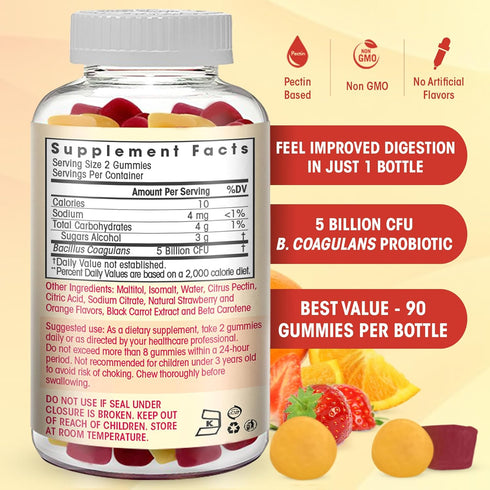 Probiotic Gummies Sugar Free- 5 Billion CFU Reduce Gas, Bloating - Probiotics for Women, Kids and Mens Probiotic- Bacillus Coagulans- Natural, Veg...