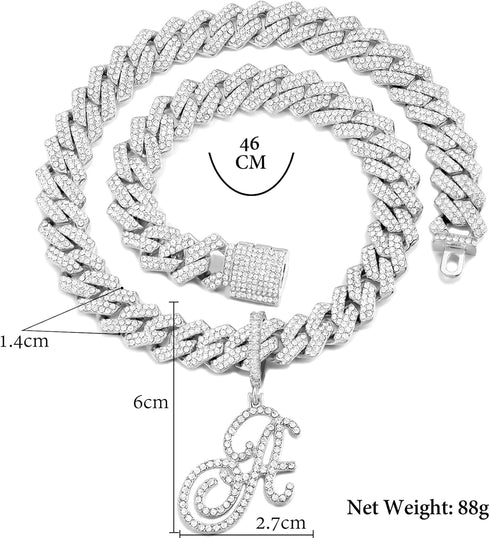 Gold Silver Plated Initial Cuban Link Chain Necklace for Women Cursive Letter Gold Miami cuban link chain Iced out chain with pendant for women (S...