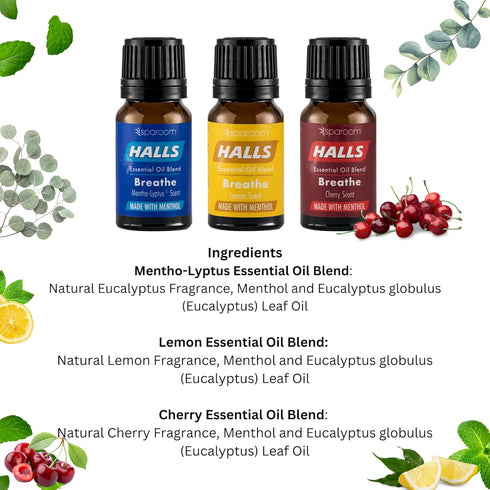 Halls Breathe Essential Oil Variety Pack – Mentho-Lyptus, Lemon, Cherry – Menthol Essential Oil for Relaxing Ambiance, Menthol Oil with Uplifting ...