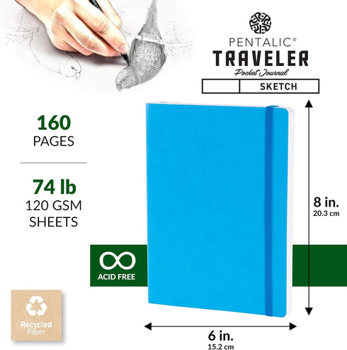 Pentalic 6"x 8" Pocket Sketchbook Traveler Journal, 160 Pages, Bright Blue...