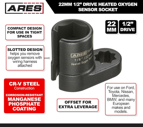ARES 70323-22mm 1/2-inch Drive Heated Oxygen Sensor Socket - Offset Oxygen Sensor Socket - Wire Gate Accesses Sensor from The Side, Preventing Dam...