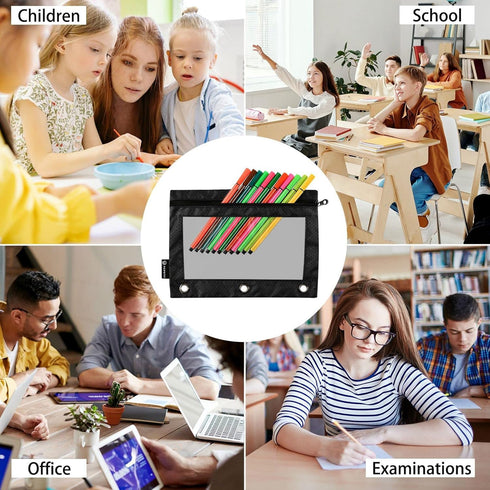 Binder Pencil Pouch 3 Ring Black Zipper Pencil Pouches Case 2 Pack Clear Window Binder Organizer for School Office...