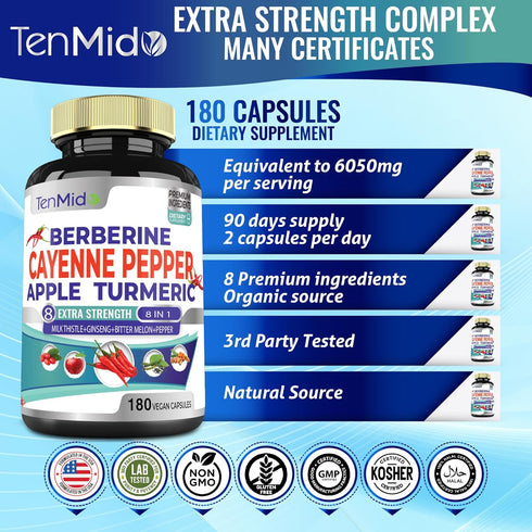 Cayenne Pepper Supplements Extract Capsules 6050mg, 180 Capsules & Berberine, Apple, Turmeric Curcumin, Bitter Melon, Ginseng, Milk Thistle| Suppo...