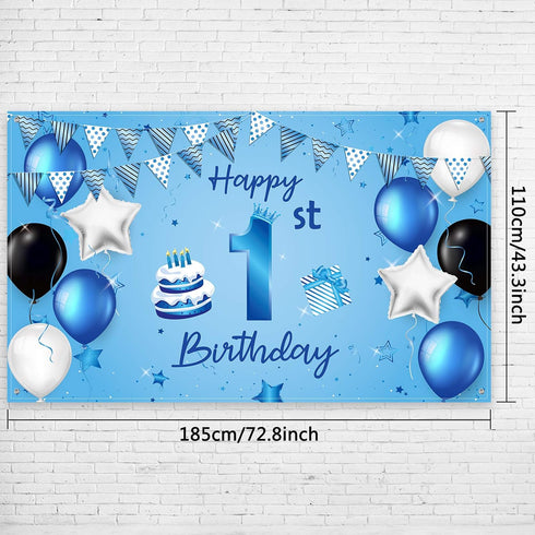Happy 1st Birthday Backdrop Banner Blue Newborn Boys First Birthday Backdrop Photography Background for 1st Birthday Baby Shower Party Decorations...