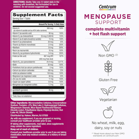 Centrum Complete Multivitamin Supplement + Hot Flash Support Menopause Support Tablets, with Clinically Studied geniVida, 30 Count...