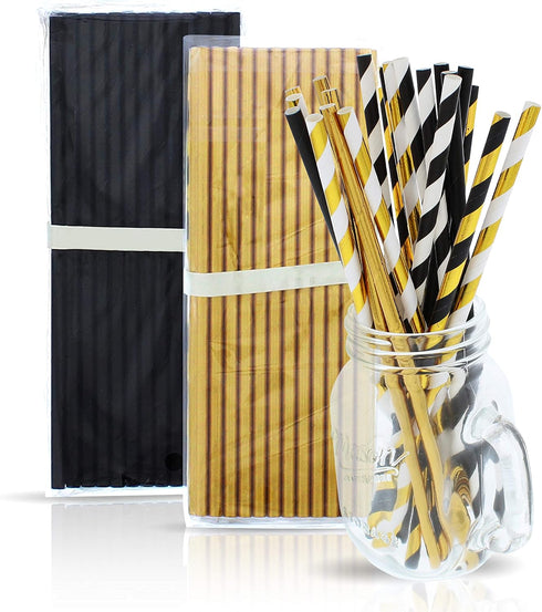 Black and Gold Straws - Great for Gold Party Decorations, Graduation, Bachelorette, Wedding, New Years Eve Parties - 125 Biodegradable Disposable ...
