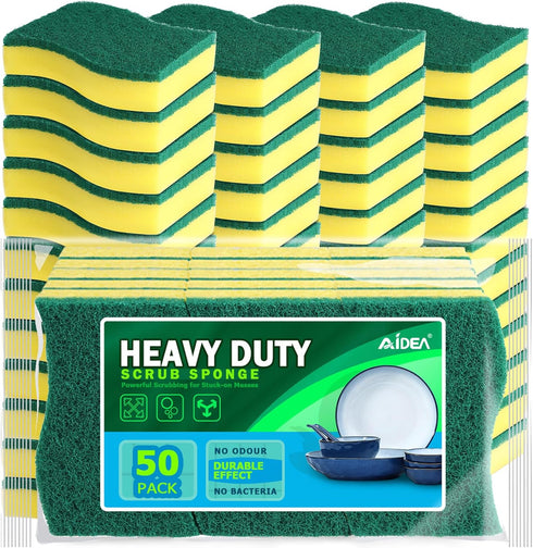 AIDEA Heavy Duty Scrub Sponge-50 Count, Cleaning Sponge, Kitchen Dish Sponge, Effortless Cleaning Eco Scrub Pads for Dishes,Pots,Pans All at Once...