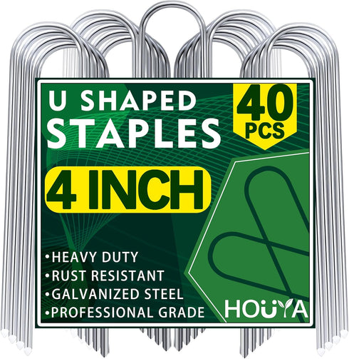 U Shaped Garden Stakes 4 Inch 40 Pack Drip Irrigation Tubing Stakes Galvanized Landscape Garden Staples Hose Stakes for Soaker Hose, Lawn Yard Gro...