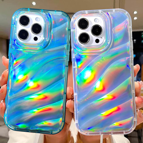 Bonoma Compatible with iPhone 15 Pro Case Bling Laser Iridescent Florescent Crystal Wave Luxury Case Camera Protector + Screen Protector Shockproo...