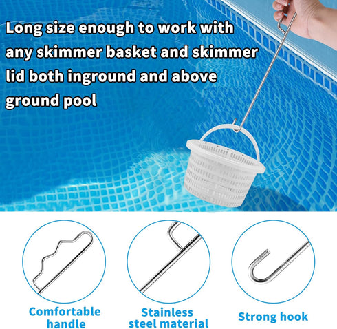 16 inch Pool Skimmer Basket Hook-Stainless Steel Pool Basket Lid Lifting Hook-Extended Pool Filter Skimmer Handle for Cleaning Swimming Pools&Prot...