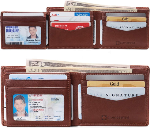 Alpine Swiss Mens Wallet for Men | RFID Protected Leather Mens Wallet | Spencer Bifold with Divided Bill Section | Gift Box | 2 ID Windows | 14 Ca...