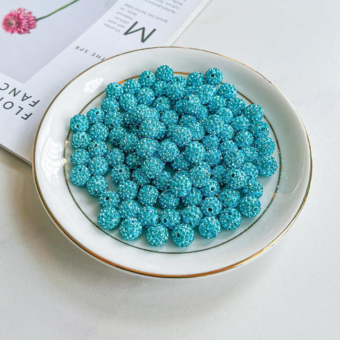 100PCS Rhinestones Beads 10mm Aquamarine Pave Disco Ball Clay Beads Polymer Clay Rhinestone Beads Crystal Diamond Beads for Bracelet Necklace Earr...
