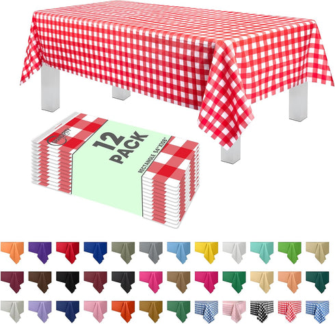 Grandipity 12 Pack Premium Disposable Plastic Picnic Tablecloth 54 Inch. x 108 Inch. Decorative Rectangle Table Cover - Red Checkered Gingham...