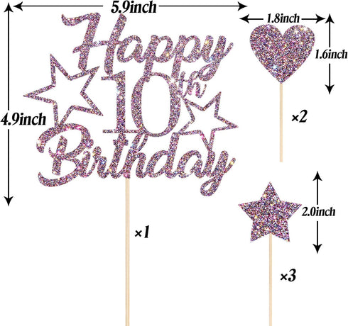 Purple Glitter Happy 10th Birthday Cake Topper with Cupcake Toppers - 10th Birthday Cupcake Decoration, 10th Birthday Cake Decor for Boys or Girls...