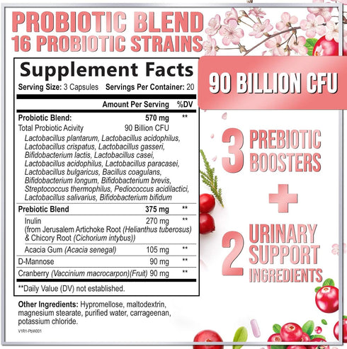 Probiotics for Women with Prebiotics, 90 Billion CFU & 16 Diverse Strains, Cranberry & D-Mannose, Extra Strength Womens Probiotic for Digestive, V...