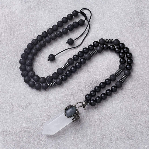 Top Plaza Natural Stone Healing Crystal Clear Quartz Hexagonal Pointed Gemstone Pendant Necklace Crescent Moon Jewelry Adjustable Lava Rock Beads ...