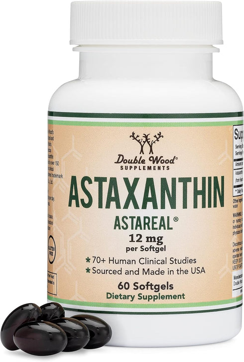 Astaxanthin 12mg Max Strength (AstaReal: Natural Patented Astaxanthin with 70+ Human Clinical Trials - World's Most Studied Brand) Grown, Harveste...